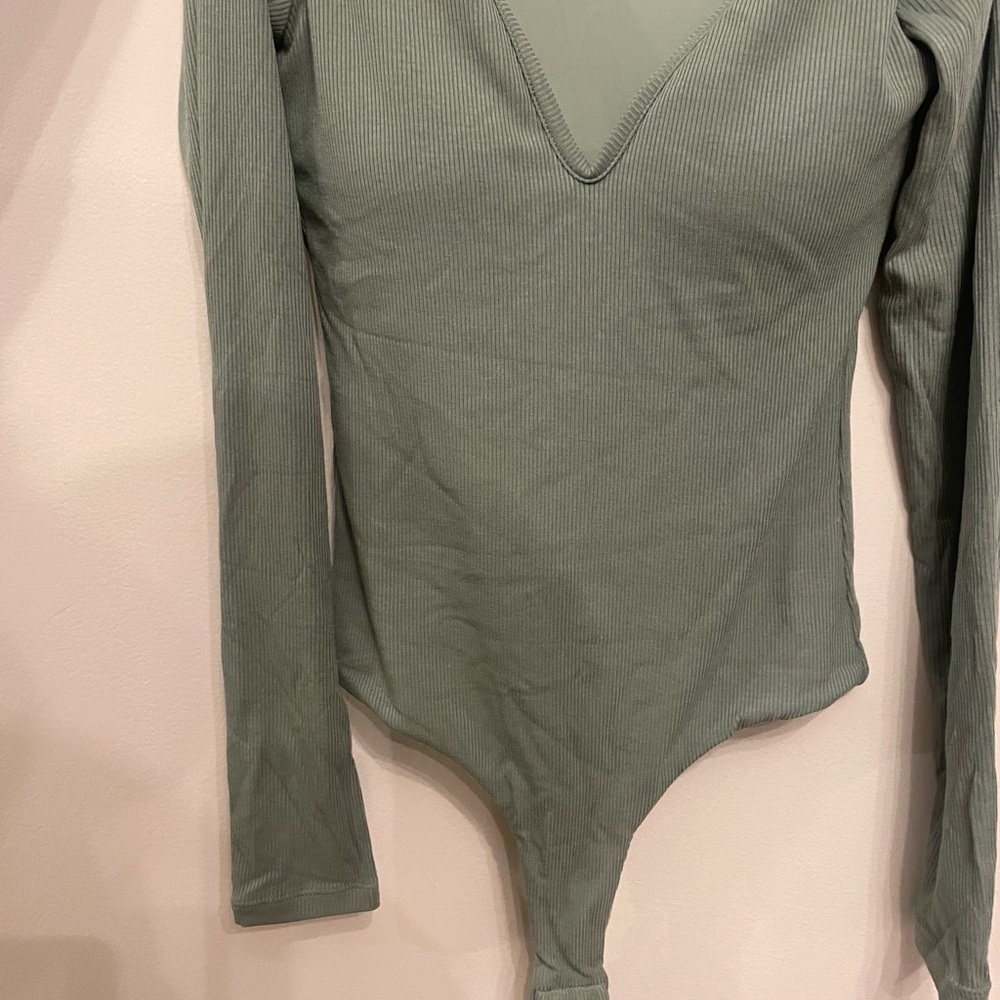 KLASSY XS Olive Green, Deep V,Long Sleeve Women's Bodysuit with Built-in Bra